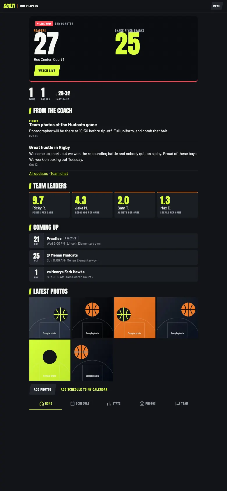 Team home page with the live score, a coach update and team leaders
