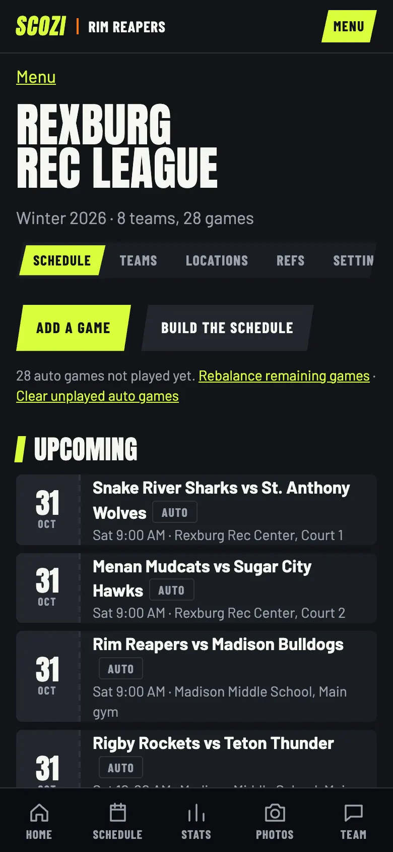 League schedule with 28 games across 8 teams