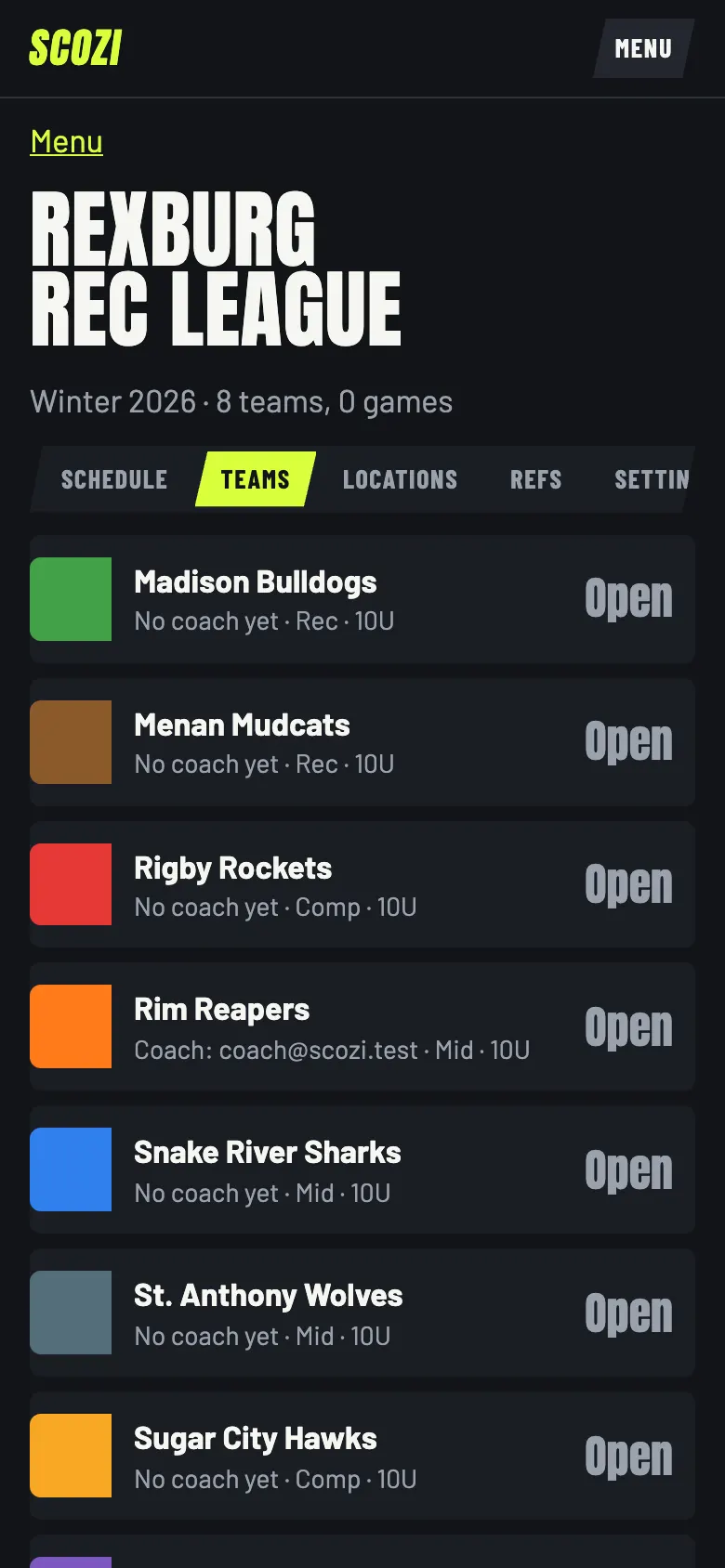 League teams list with Rec, Mid and Comp levels