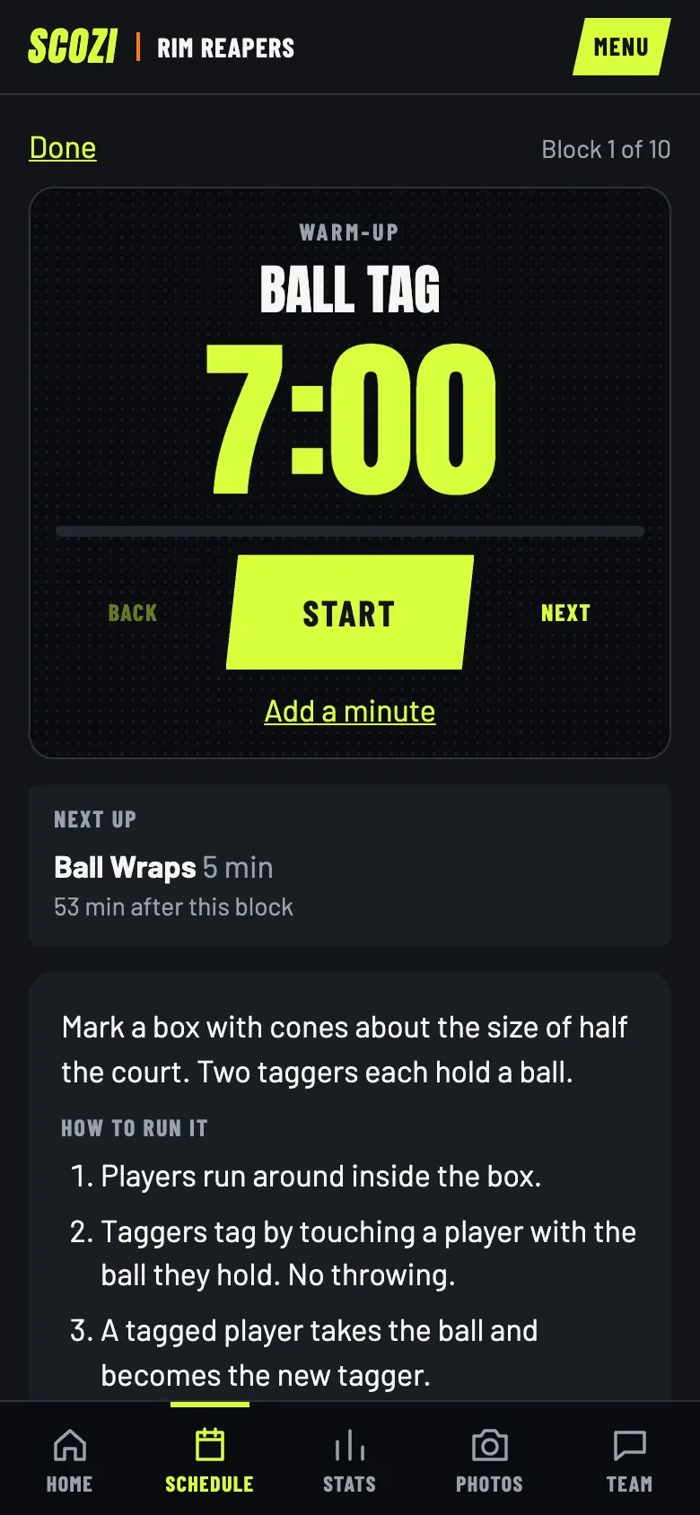 Practice mode with a seven minute countdown for Ball Tag