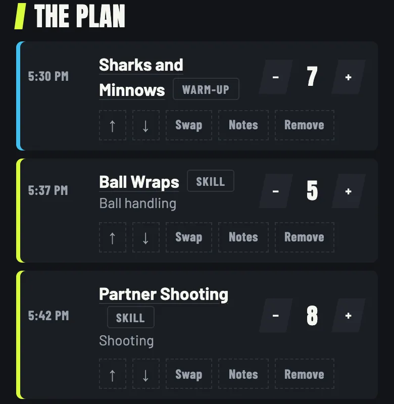 A practice plan with timed blocks