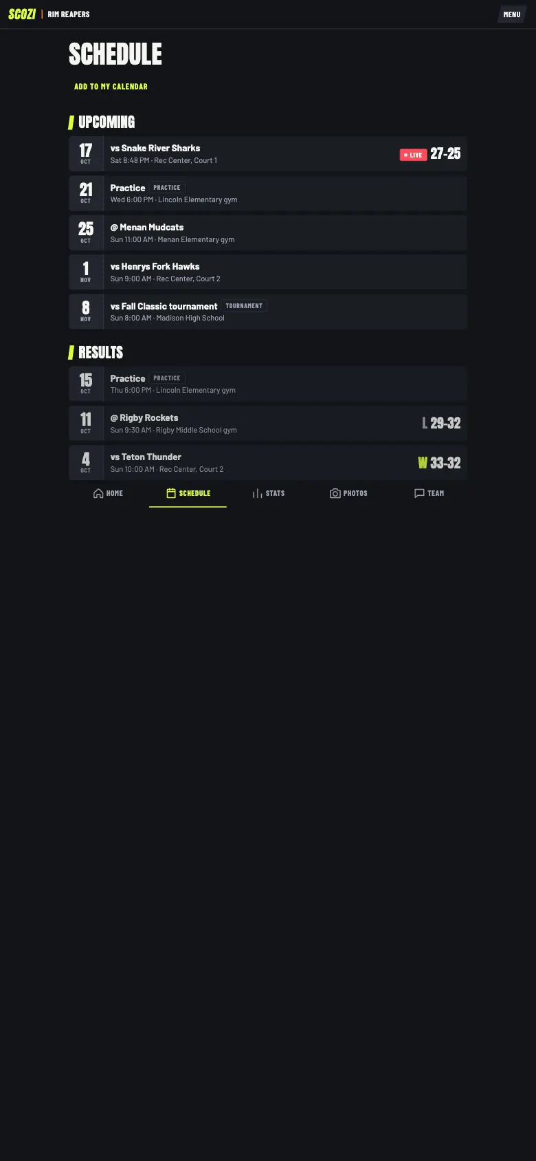 Schedule with upcoming games and results