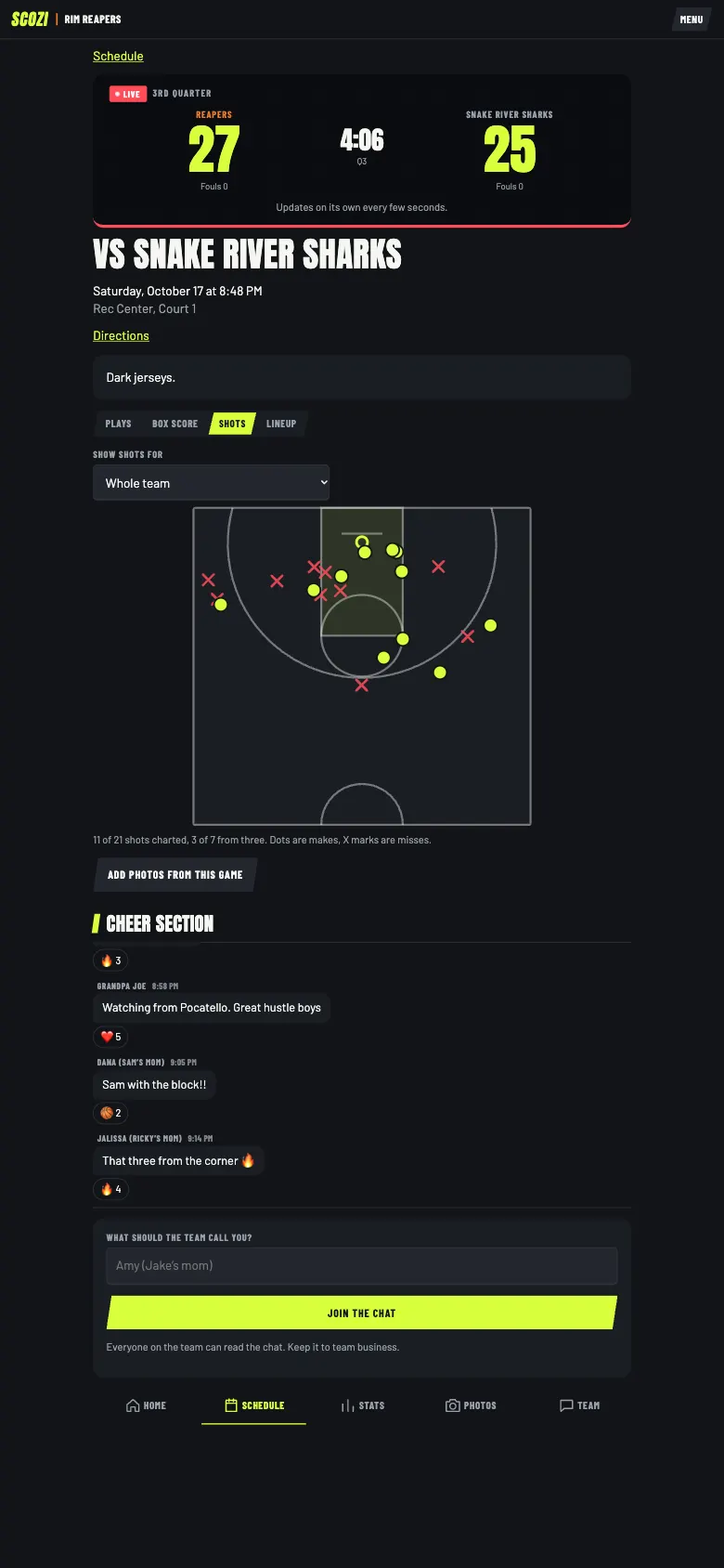 Shot chart on the game page